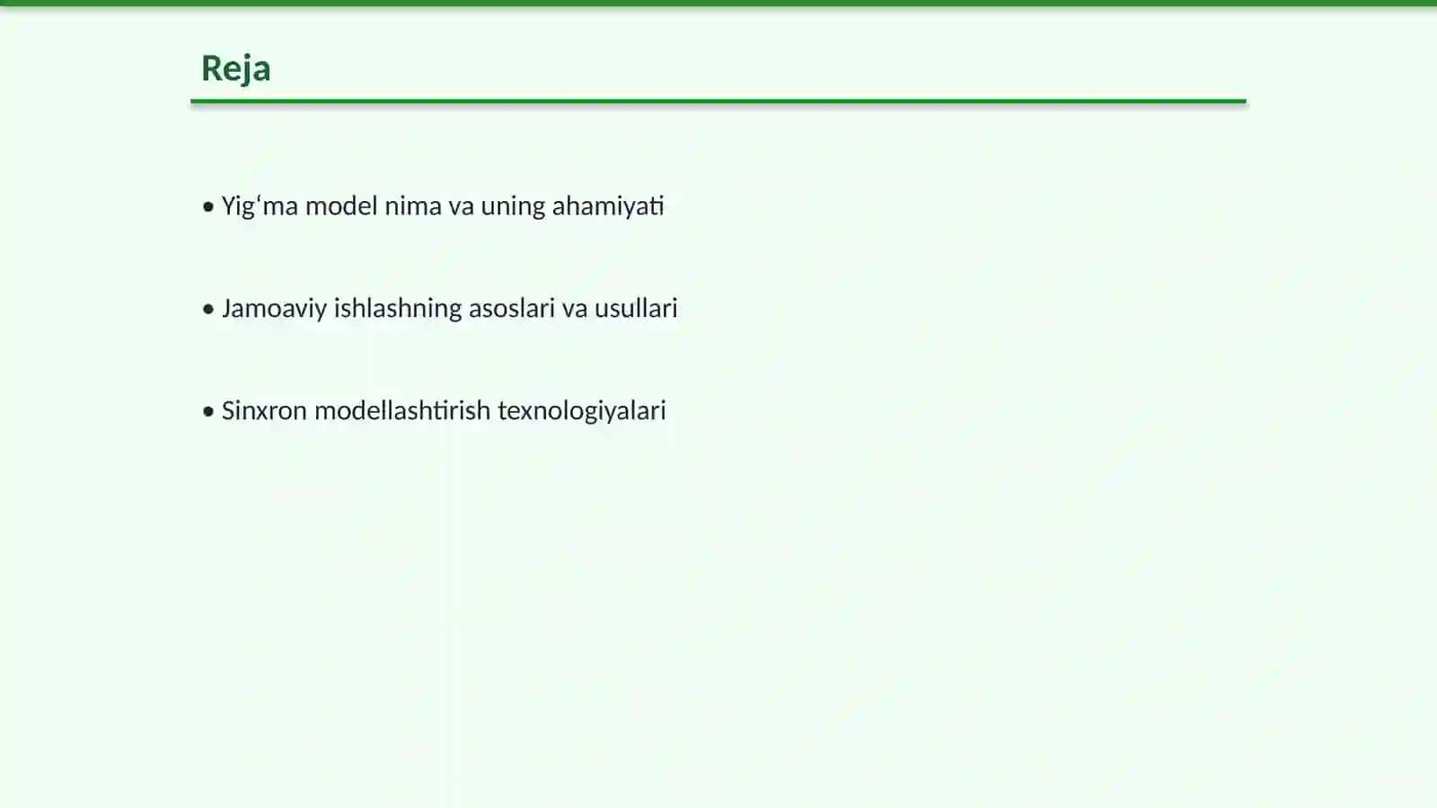YIG‘MA MODEL USTIDA JAMOAVIY ISHLASH. SINXRON MODELLASHTIRISH. VIZUALLASHTIRISH VA ANIMATSIYA 2