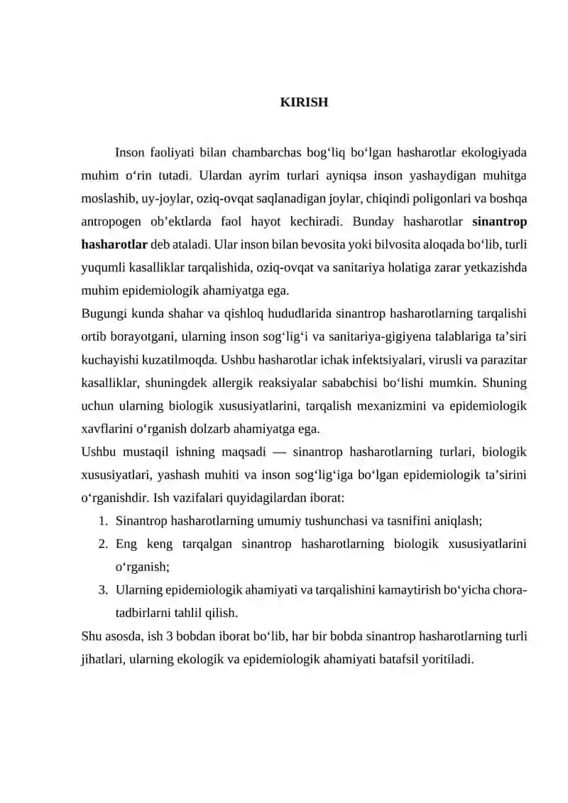 “Sinantrop ko‘rinishdagi hasharotlar va ularning epidemiologik ahamiyati” 2