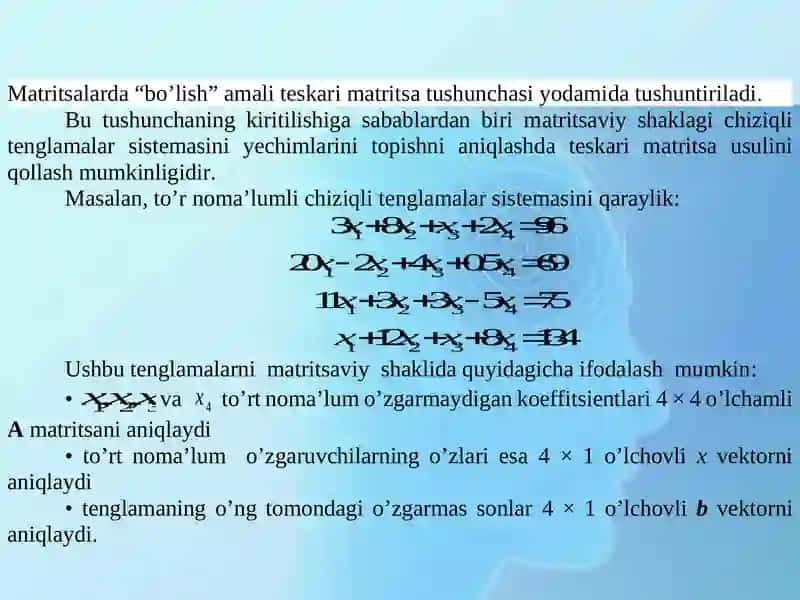 CHIZIQLI TENGLAMALAR SISTEMASINI YECHISHNING MATRITSALAR USULI. KRAMER QOIDASI 2