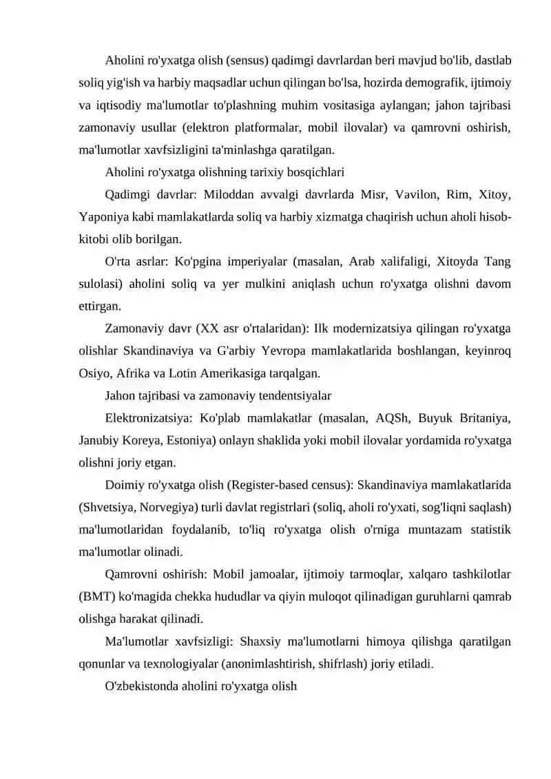 AHOLINI RO'YXATGA OLISH TARIXI VA UNI O'TKAZISH BO'YICHA JAHON TAJRIBASINI O'RGANISH 2