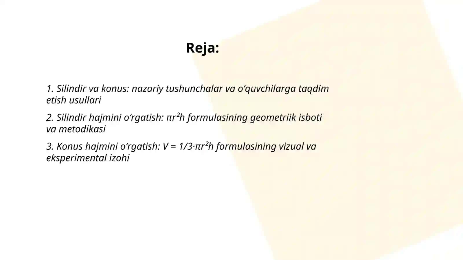 Geometriya kursida aylanma jismlar va ularning hajmini oʻqitish metodikasi silindir konus Tuxtayev Farxod 2