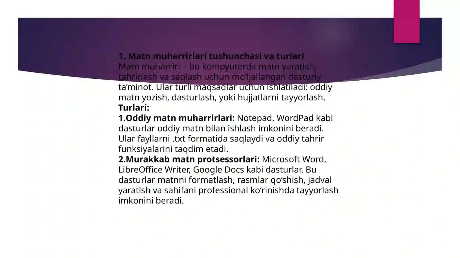 Matnmuharrirlari va Word matn protsessori. Excel elektron jadvallari bilan ishlashi 2