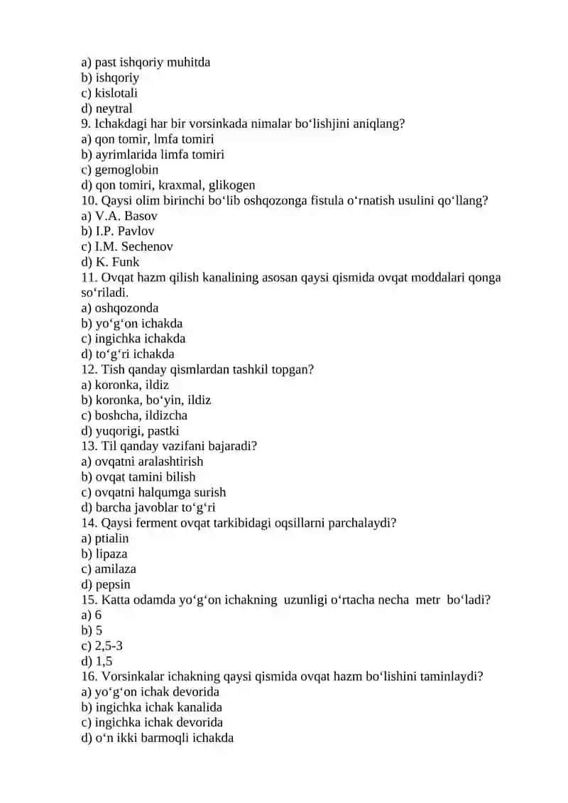 Ovqat hazm qilish va moddalar almashinuv test 2