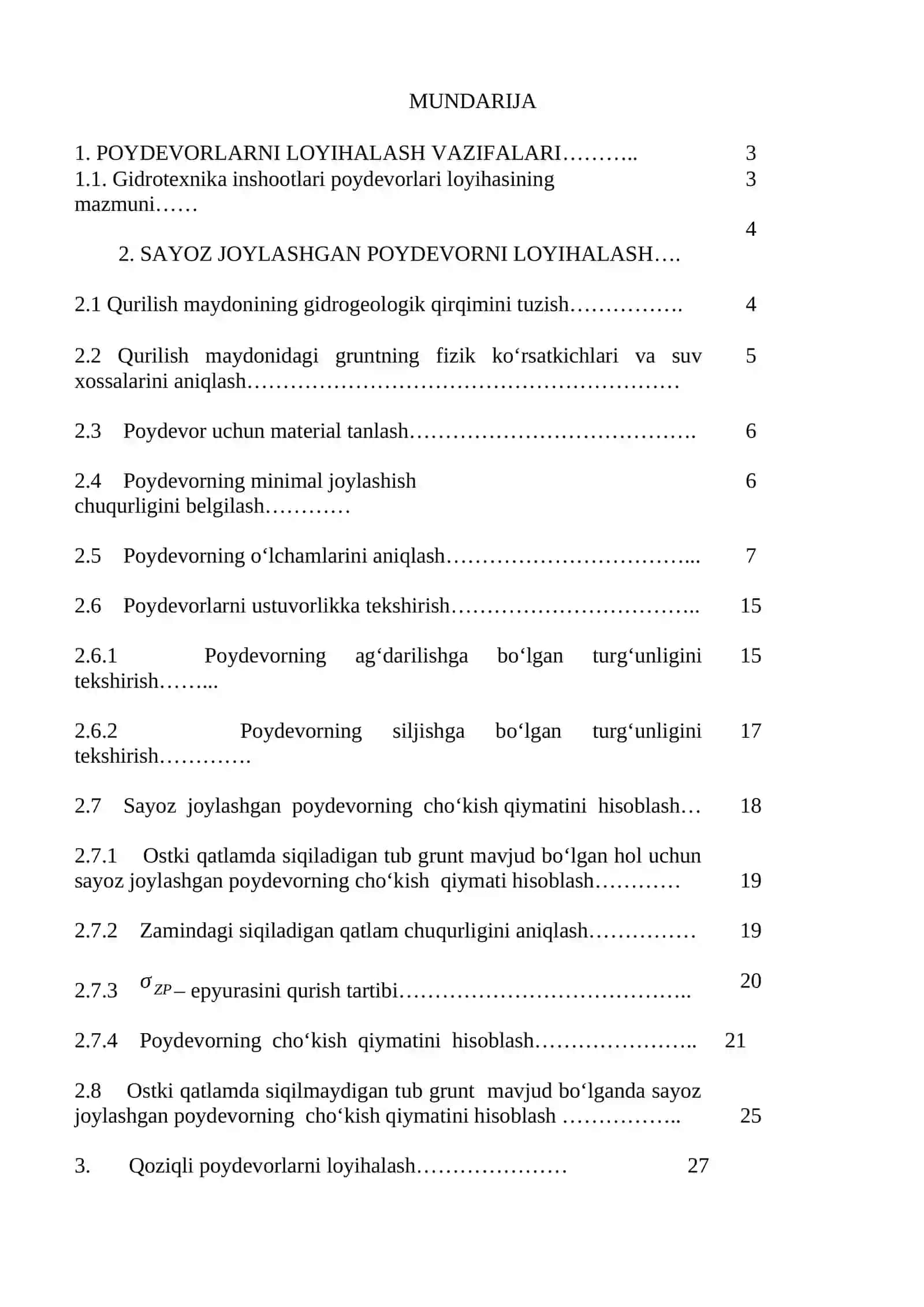 «GRUNTLAR MEXANIKASI, ZAMIN VA POYDEVORLAR» FANIDAN KURS ISHI 2