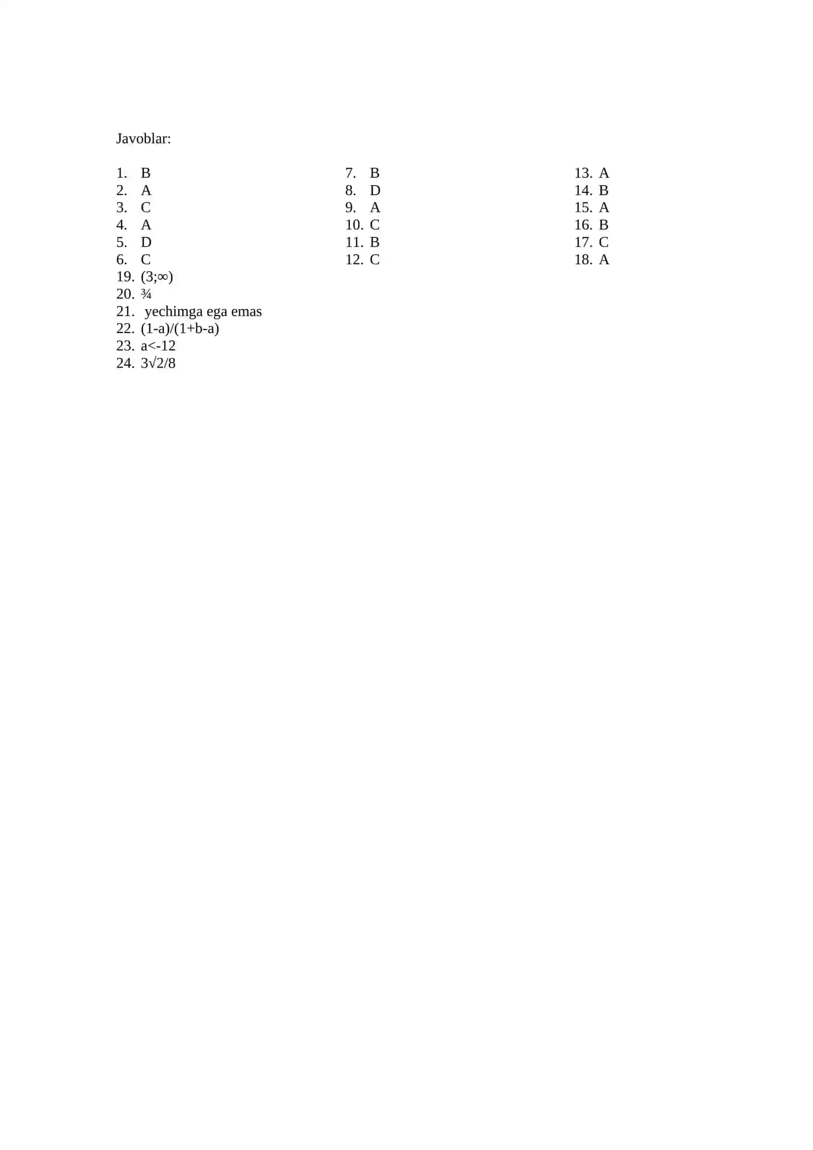 11-sinflar uchun matematika test 2