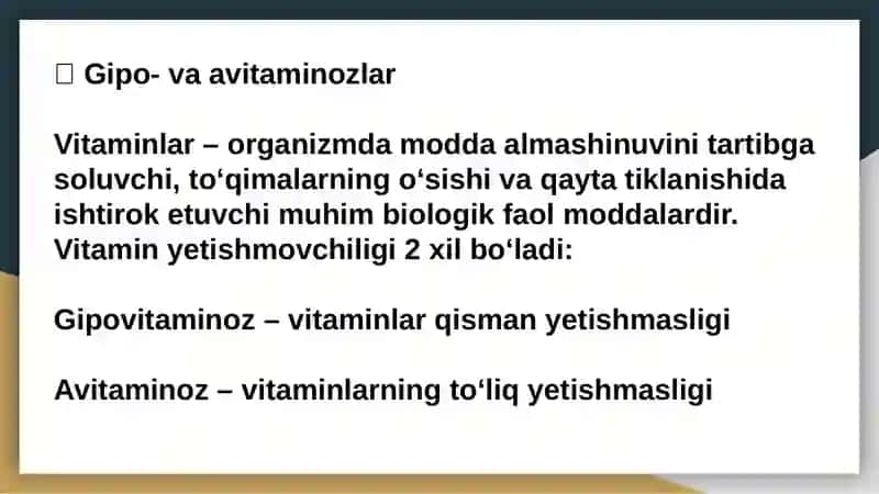 gipo va avitaminozlar Vitaminlar – organizmda modda almashinuvini tartibga soluvchi 2