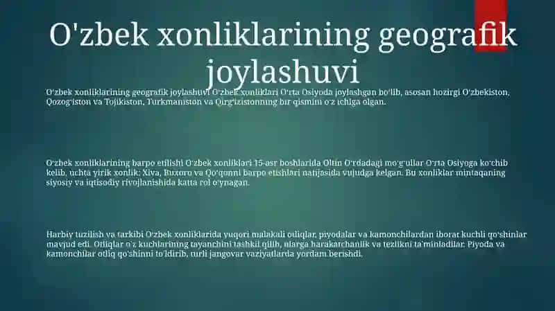 O'Zbek Xonliklarining Tashkil Etilishi Va Ulardagi Qo'Shinlarning Tuzilishi Va Tarkibi 2