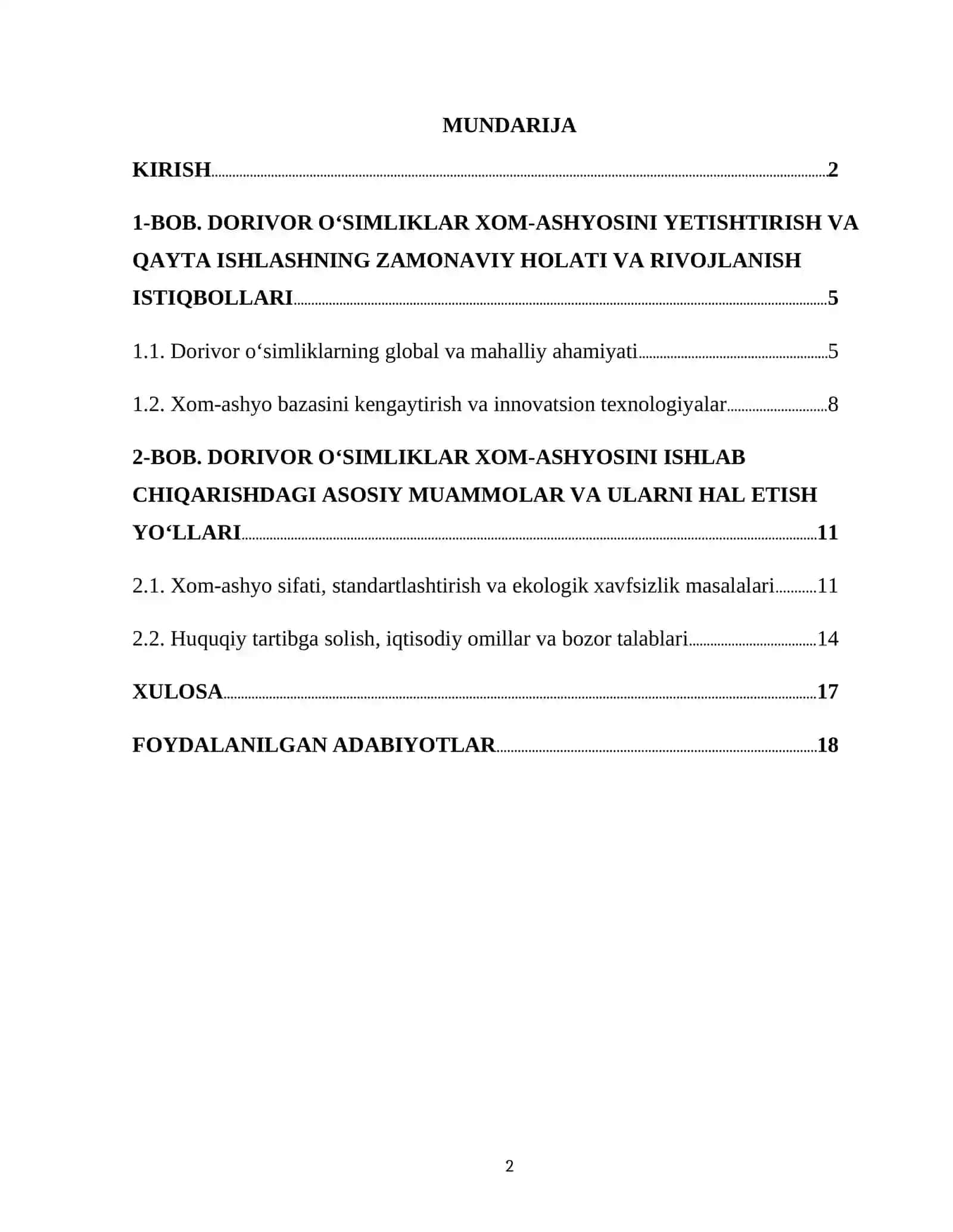 DORIVOR OʻSIMLIKLAR XOM-ASHYOSINI YETISHTIRISH VA QAYTA ISHLASHNING ZAMONAVIY HOLATI VA RIVOJLANISH ISTIQBOLLARI 2