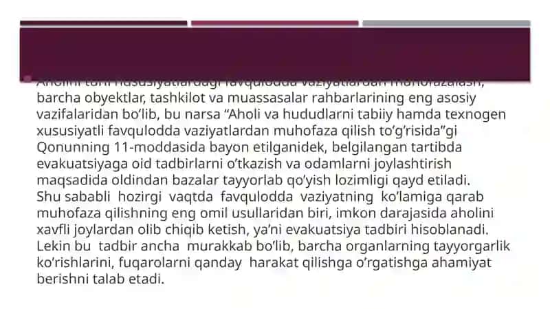 Favqulotda vaziyat xavf tug'ilganda va sodir bo'lganda aholini evakuatsiya qilish 2