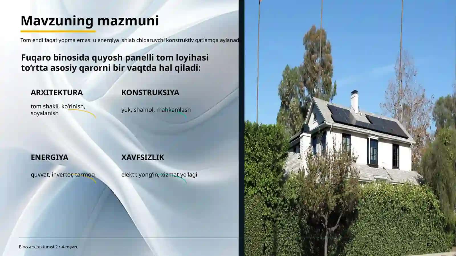 Tom qismida quyosh panellari o‘rnatilgan fuqaro binolarini loyihalash 2