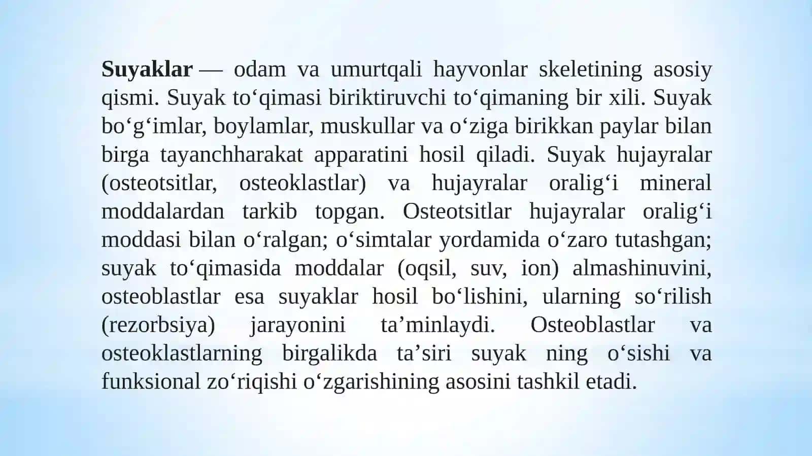 Suyak to’qimalarining minerallashuvi, uning tartibga solinishi va buzilishilari. Suyak to’qimalarining regeneratsiyasi va transplantatsiyasi. Suyakning o’sishga ta’sir etuvchi omillar 2