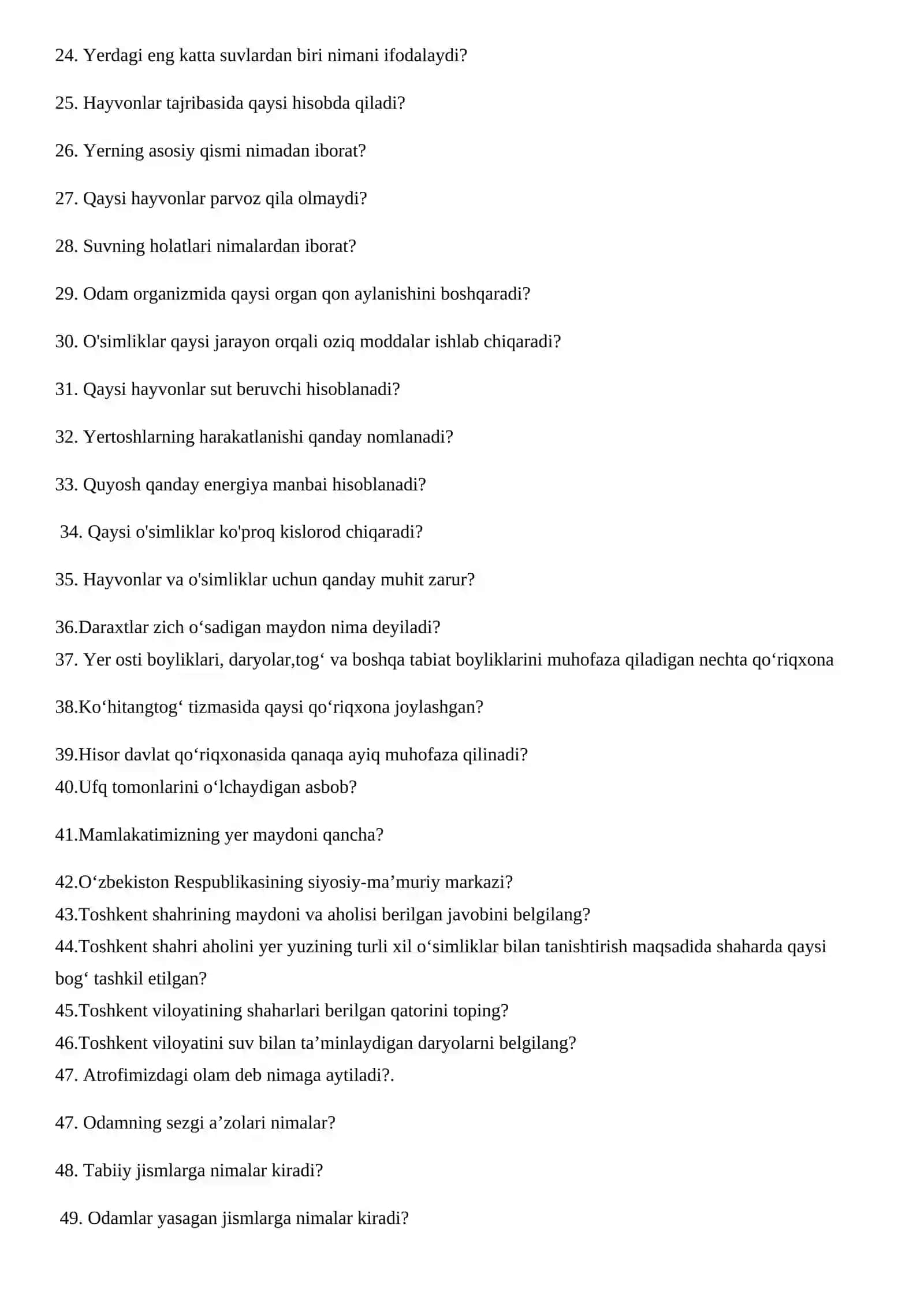 Boshlang‘ich ta‘limda tabiiy fanlar fanidan yakuniy nazorat testi 2