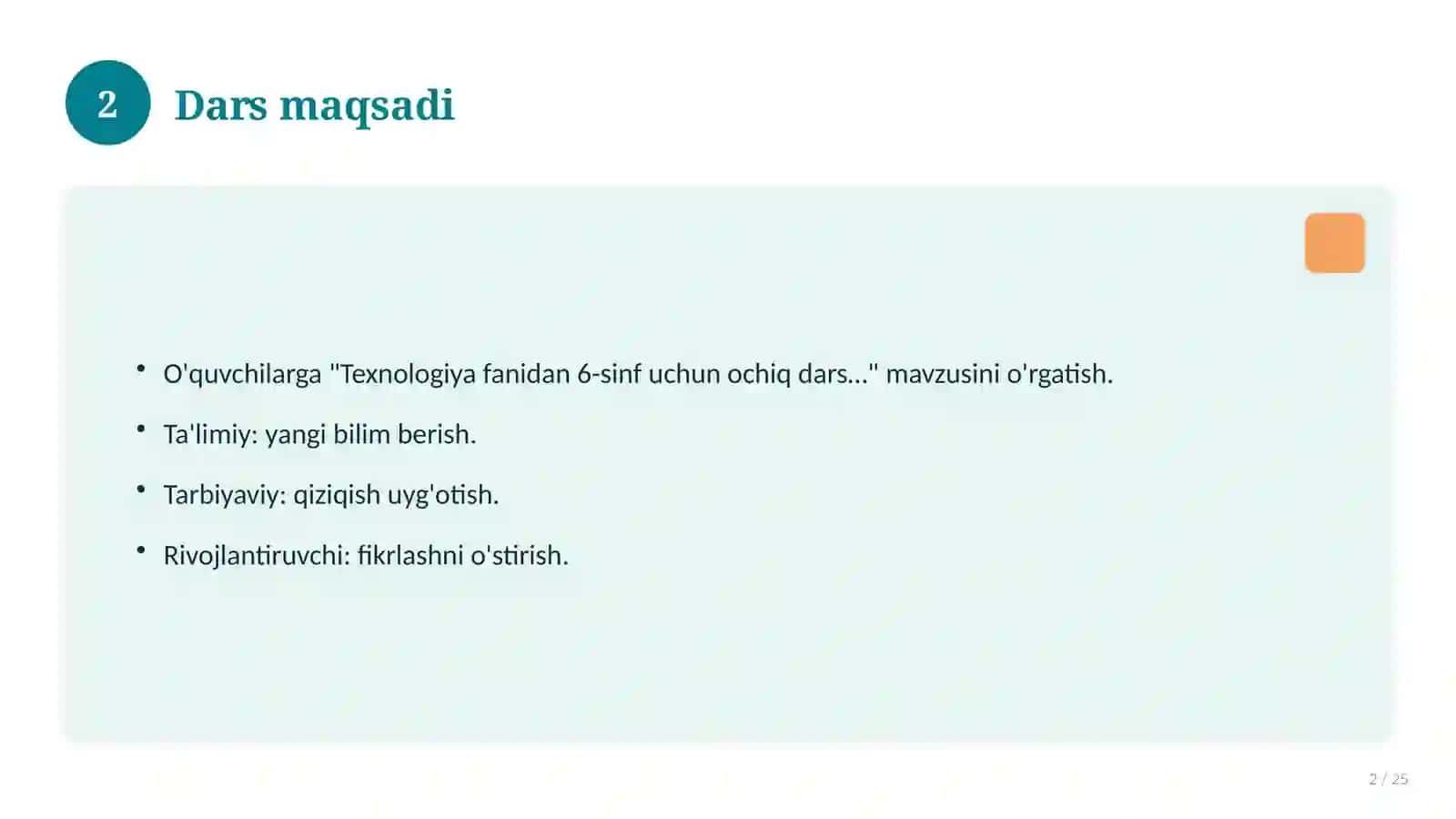 Texnologiya fanidan 6-sinf uchun ochiq dars ishlanmasi 2
