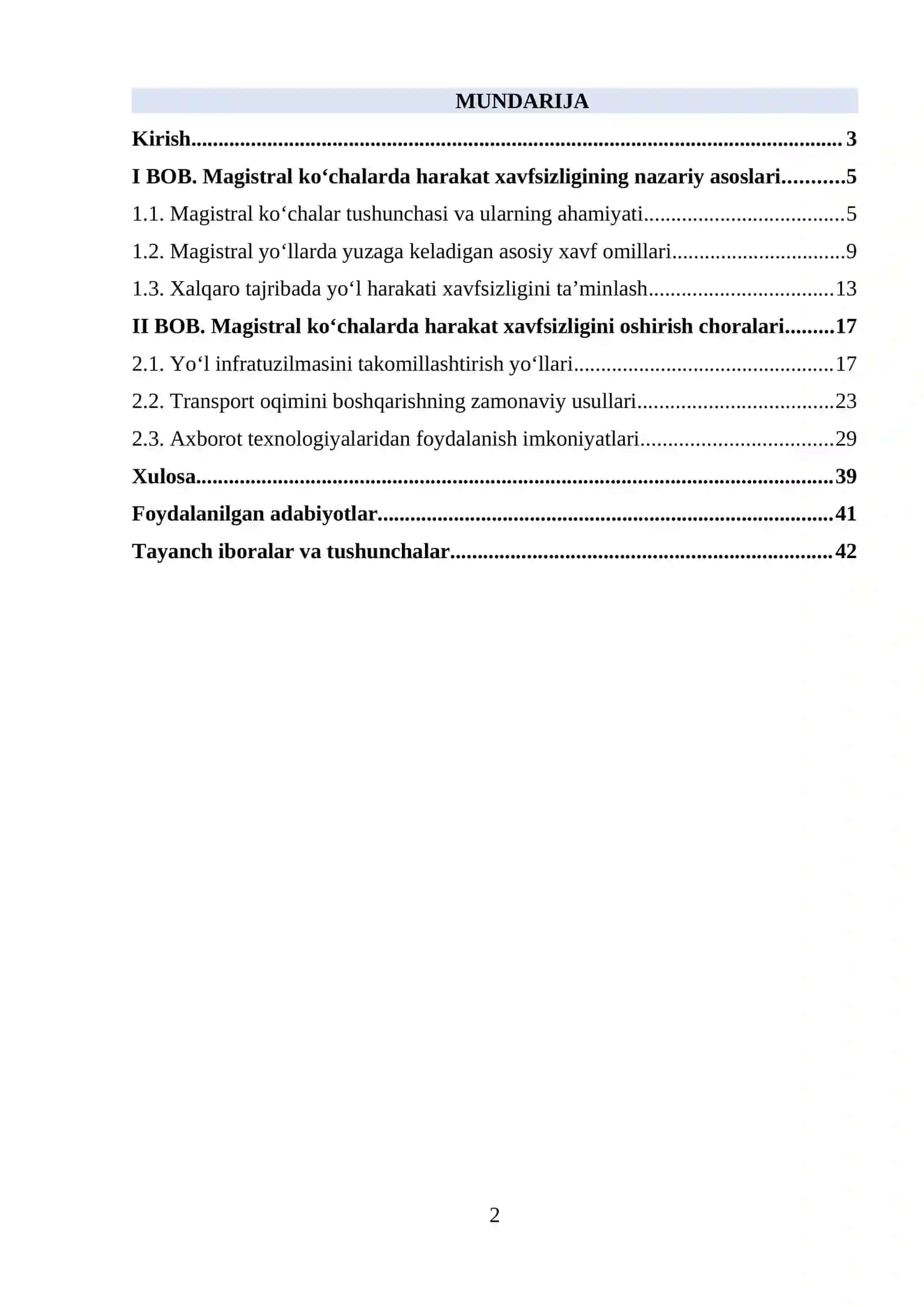 Magistral ko‘chalarda harakat xavfsizligini nazariy asoslari va uni oshirish choralari 2
