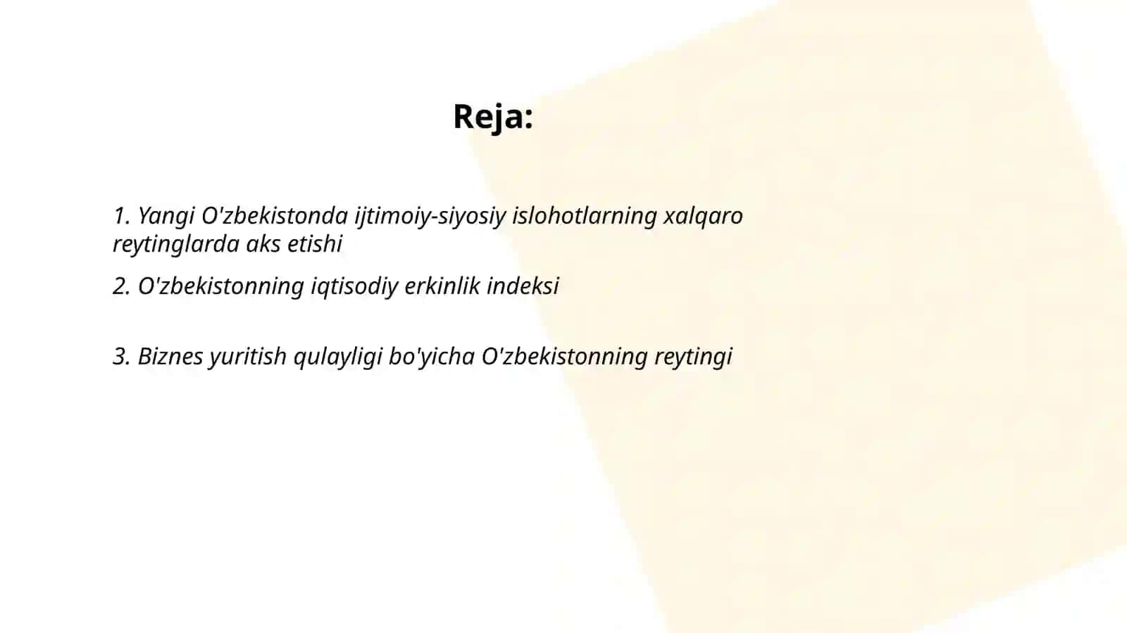 Yangi O'zbekistonda ijtimoiy-siyosiy, iqtisodiy va madaniy hayotda ro'y berayotgan o'zgarishlarning xalqaro reyting va indekslari 2