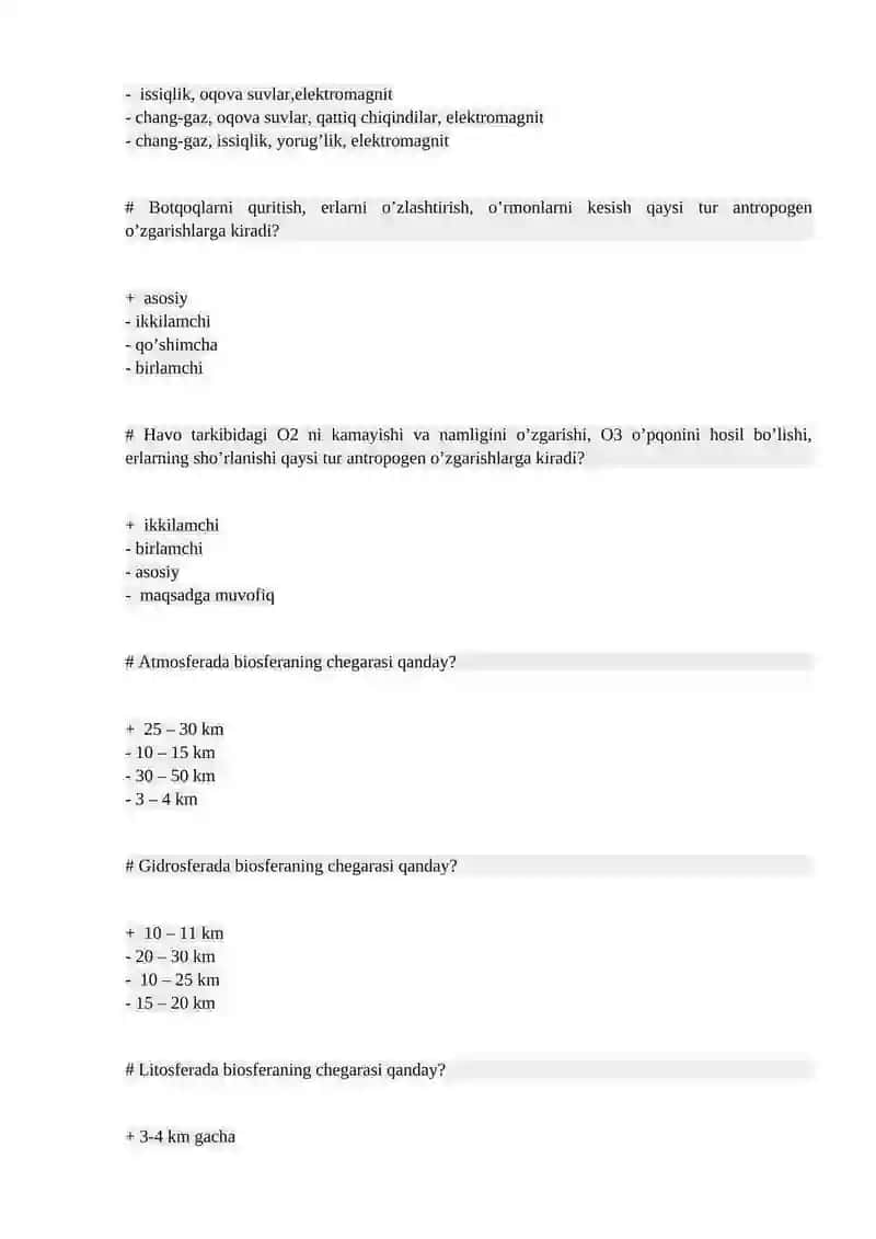 EKOLOGIYA» FANIDAN TEST SAVOLLARI 2