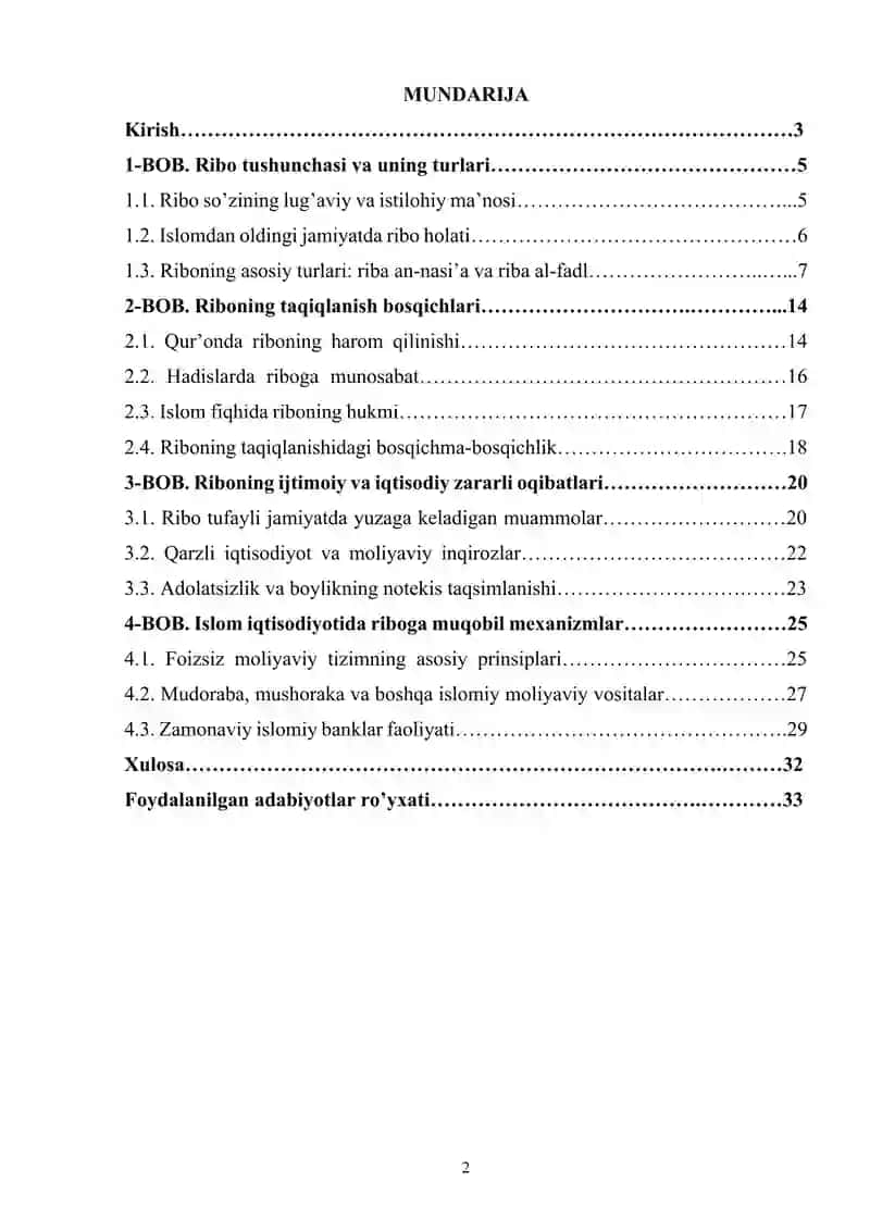 Ribo, uning ta’qiqlanish bosqichlari va islom iqtisodiyotida ma’n qilinishi.Kurs ishi. 2