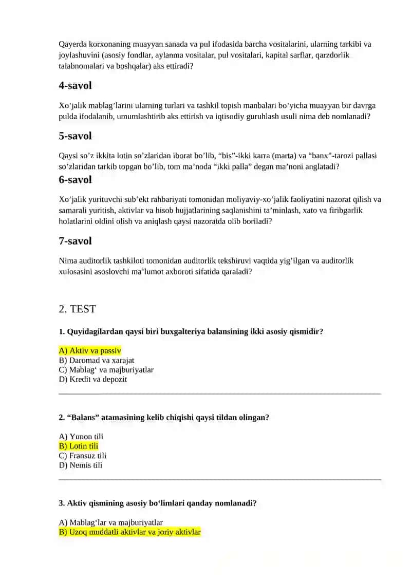 buxgalteriya va audit fanidan test va krasvord 2