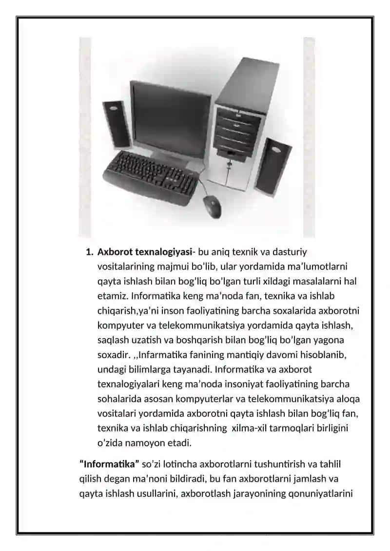 Informatika va axborot texnologiyalari faninin g predmeti, maqsadi va vazifalari 2