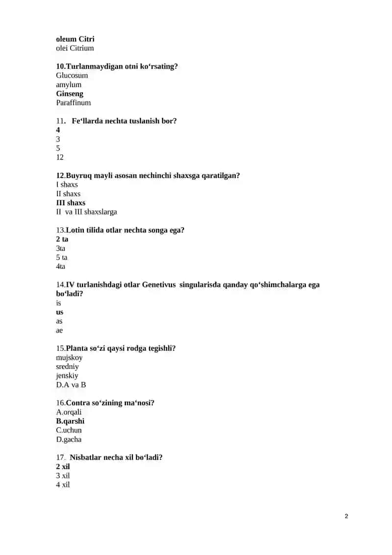 Lotin tili test, Davolash, Pediatriya, Stomatologiya, Farmatsiya, Oliy hamshiralik yo'nalishi uchun 2