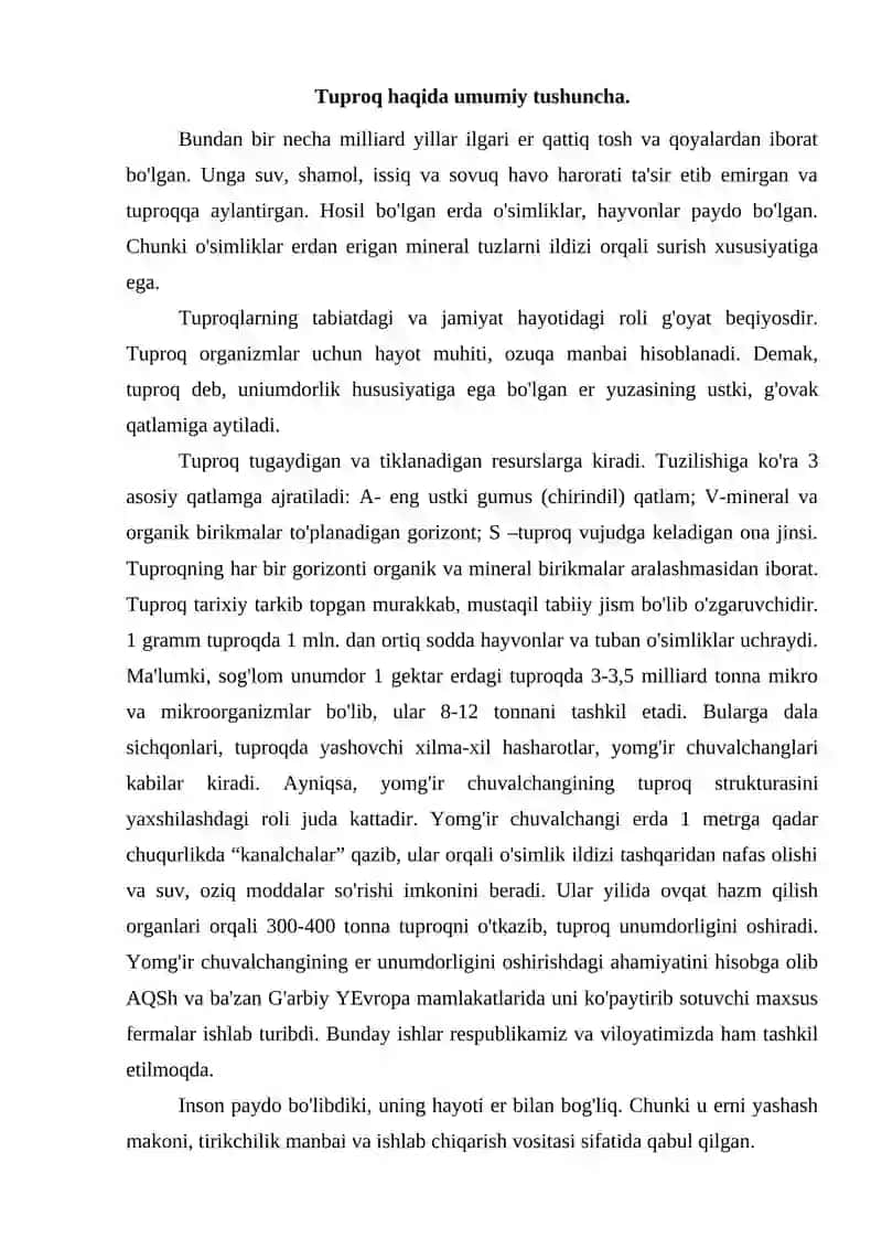 Tuproq resurslarini muhofaza qilish va undan oqilona foydalanish. 2