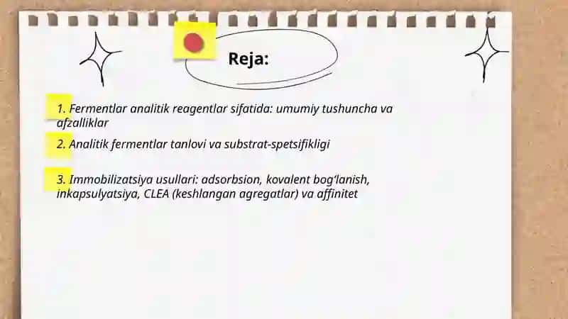 Fermentlar analitik reagentlar sifatida. Immobillangan fermentlar, olinishi va qo’llanilishi 2