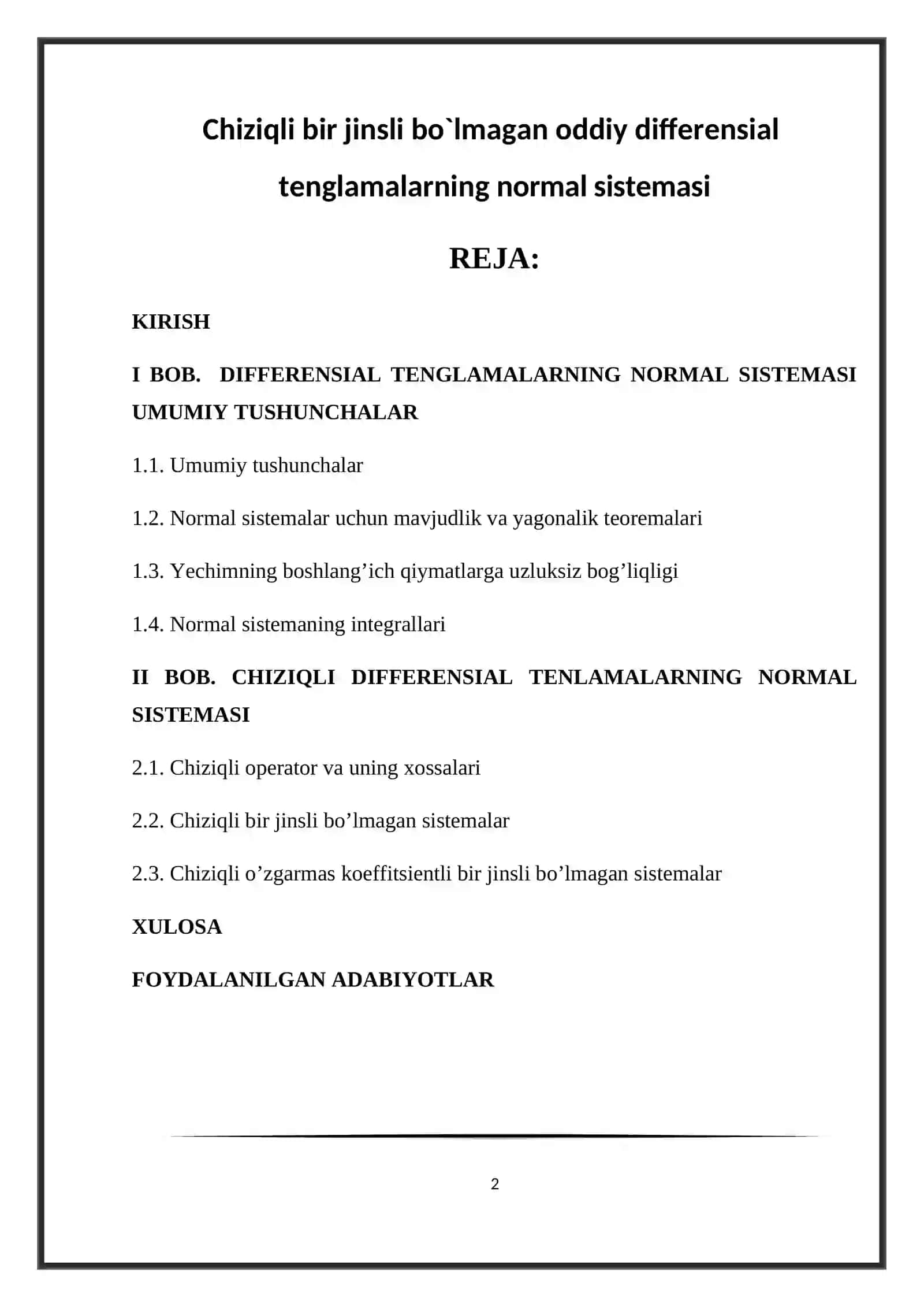Chiziqli bir jinsli bo`lmagan oddiy differensial  tenglamalarning normal sistemasi” 2