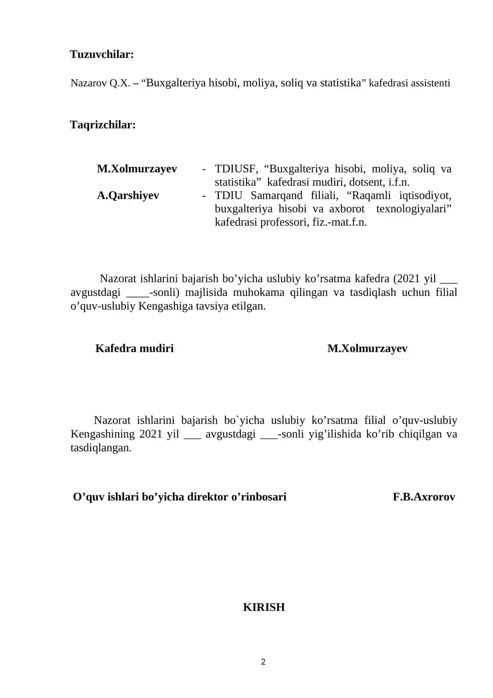 NAZORAT ISHLARINI bajarish bo`yicha USLUBIY KO’RSATMA 2