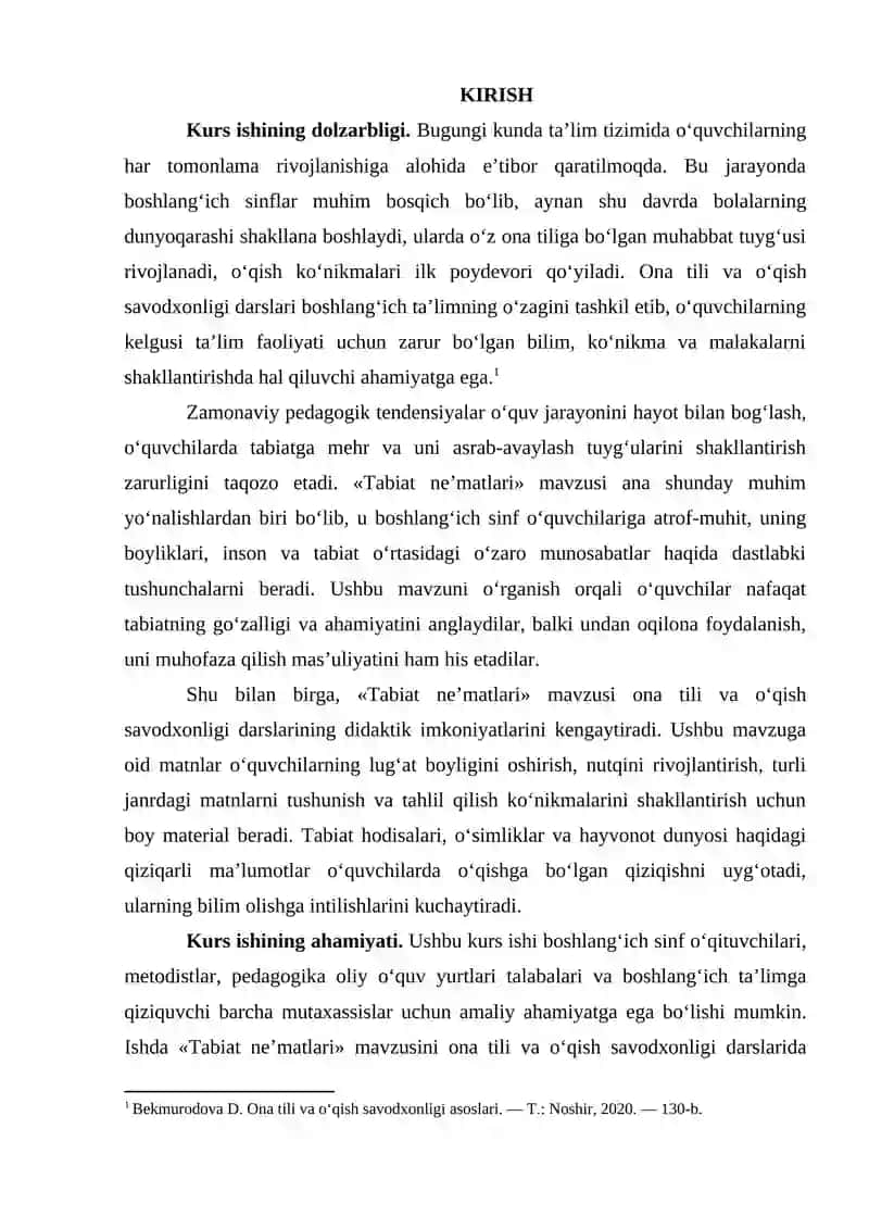 BOSHLANG‘ICH SINF ONA TILI VA O‘QISH SAVODXONLIGI DARSLARIDA «TABIAT NE'MATLARI» MAVZUSINI O‘RGANISH. 2