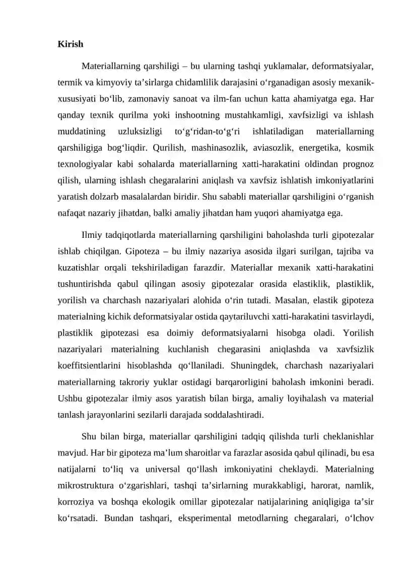 Materiallar qarshiligida qabul qilingan asosiy gipoteza va cheklanishlar 2
