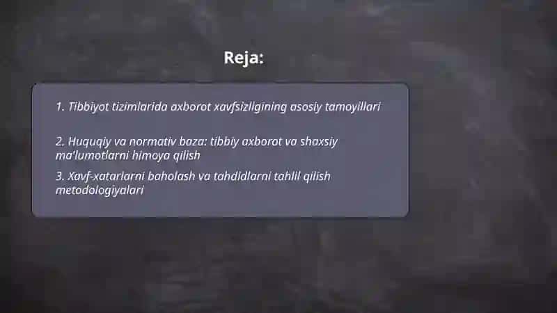 Tibbiyot tizimlarining axborat xavfsizligini taminlash asoslari 2