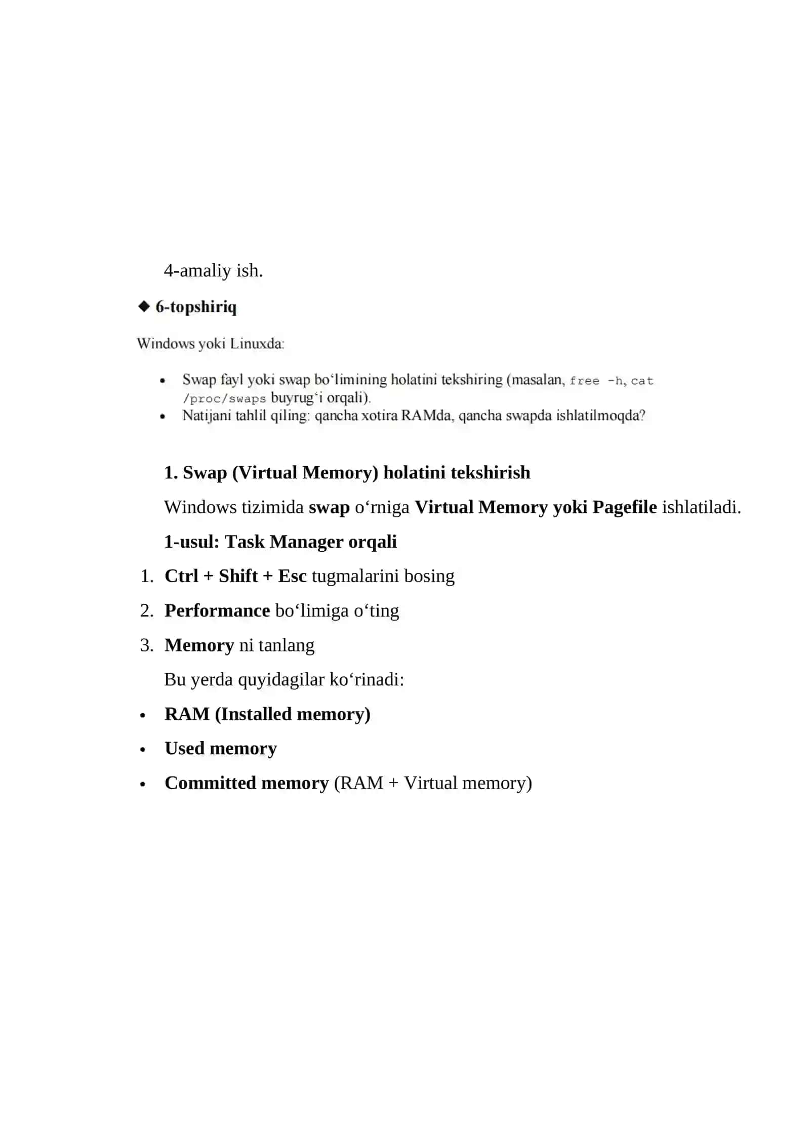 Amaliy topshiriq: Swap (Virtual Memory) holatini tekshirish 2