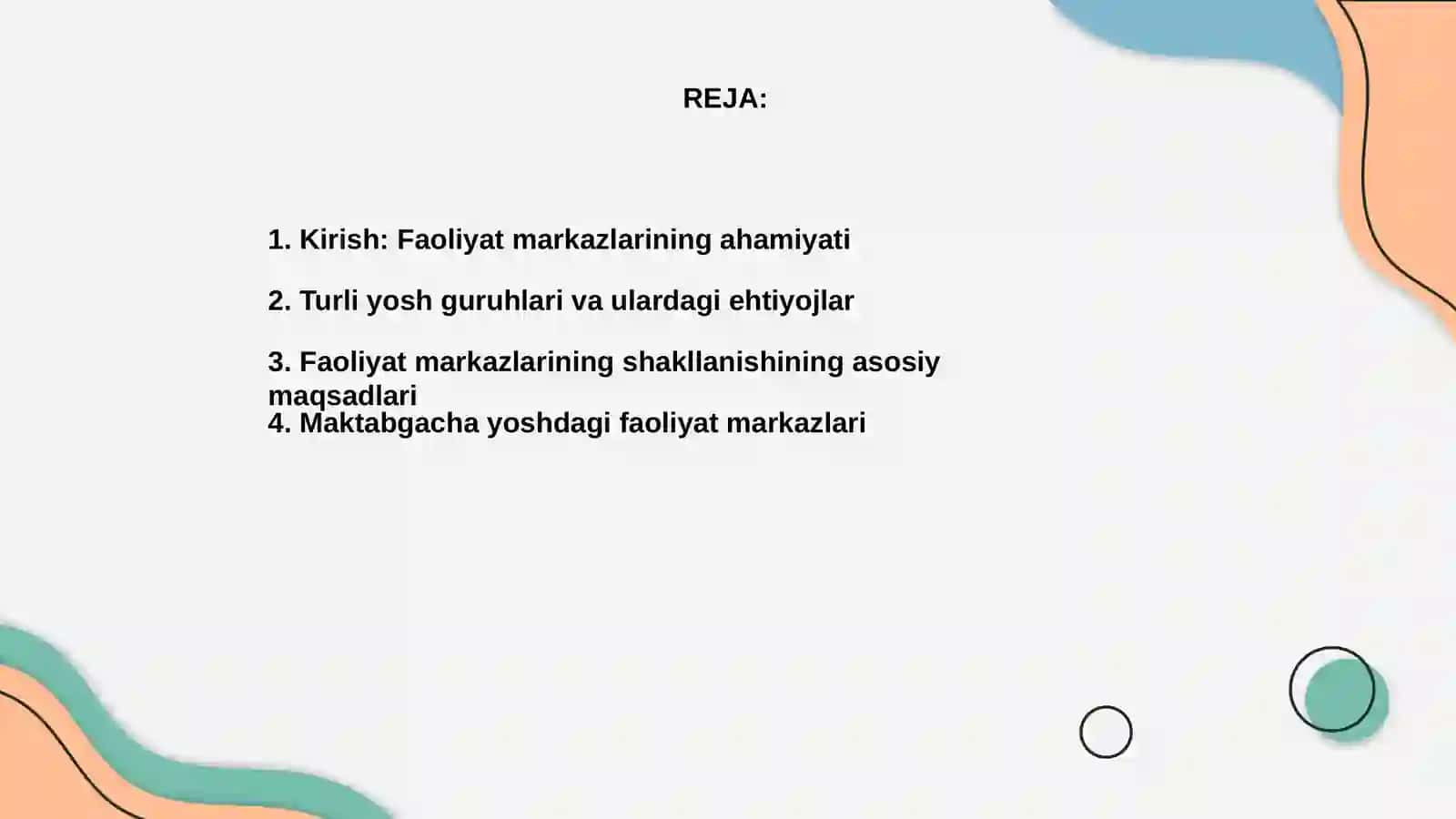 Turli yosh guruhlarida faoliyat markazlarining tashkil etilishi 2
