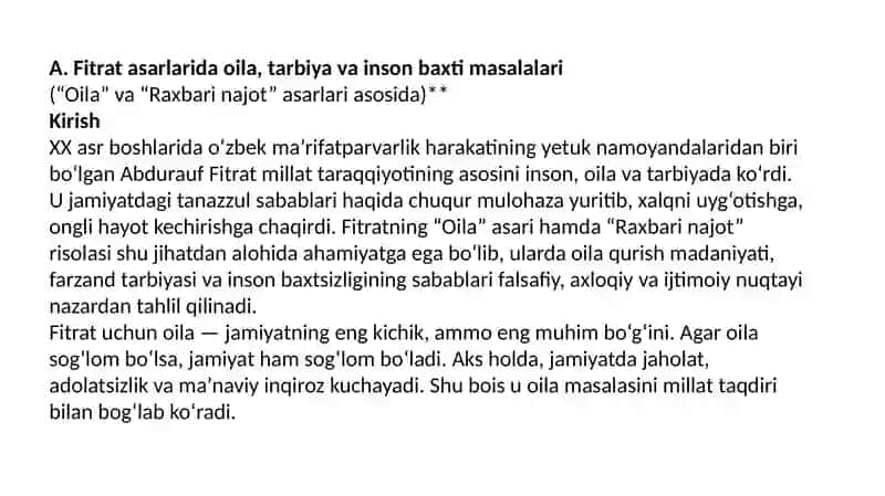 A.Fitratning “Oila asari”da oila qurish tartiblari va farzand tarbiyasi, “Raxbari najot” risolasining “Baxtsiz odamlarning ikki toifasiga” oid qarashlari bo’yicha esse tayѐrlash, videorolik tanlovini o’tkazish. 2