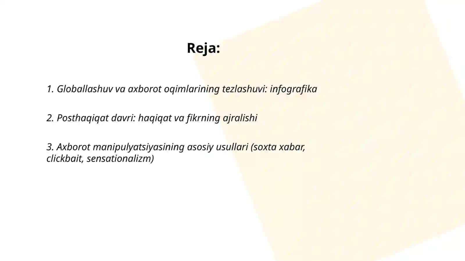 Globallashuv, posthaqiqat, axborot manipulyatsiyasi haqida infografika yoki loyiha 2