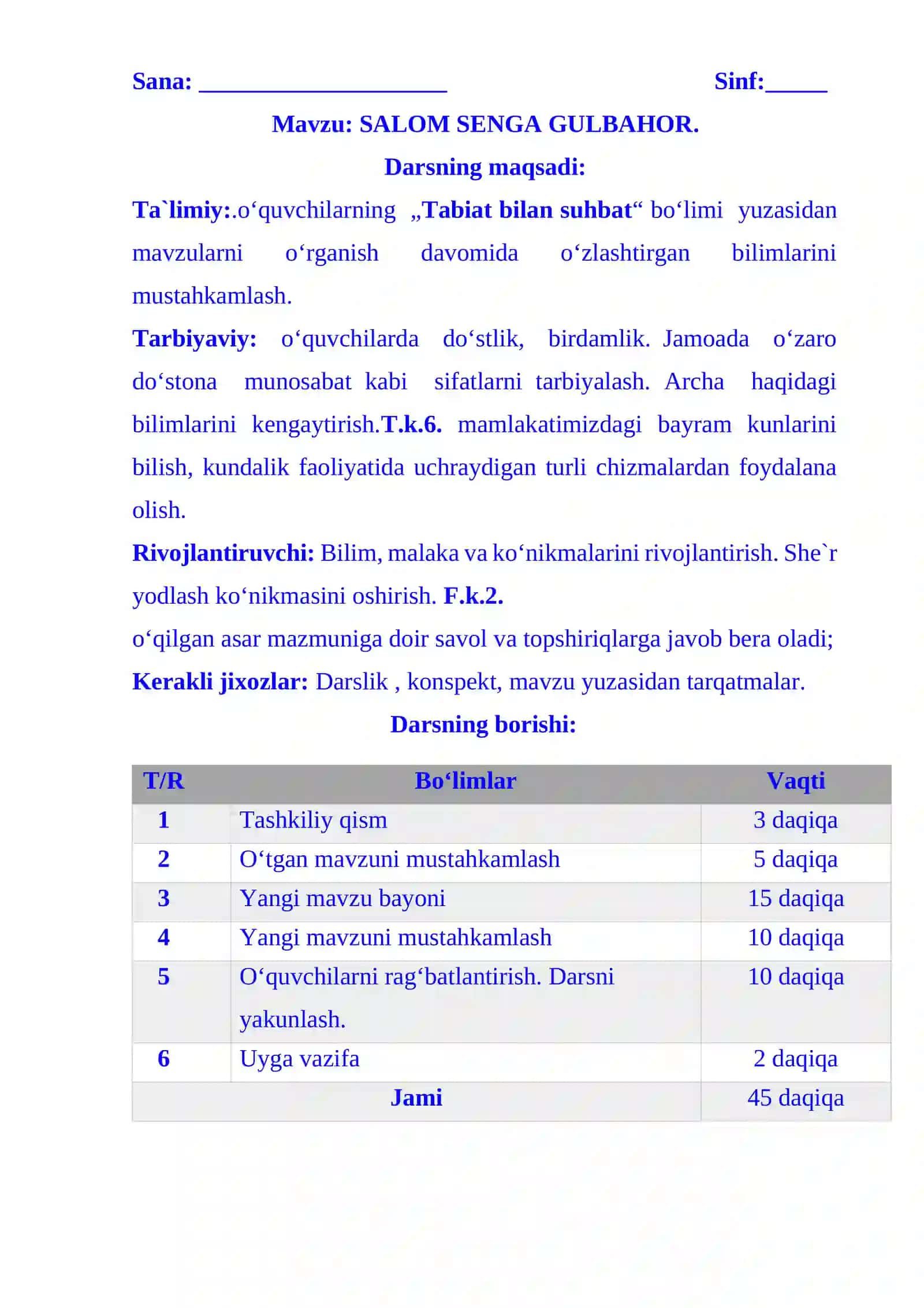 1-sinf o'qish salom senga gulbahor mavzusida 3-chorak dars ishlanma 2