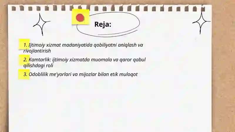Ijtimoiy xizmat madaniyati:Qobilyat, kamtarlik, odoblilik va sergaplik 2