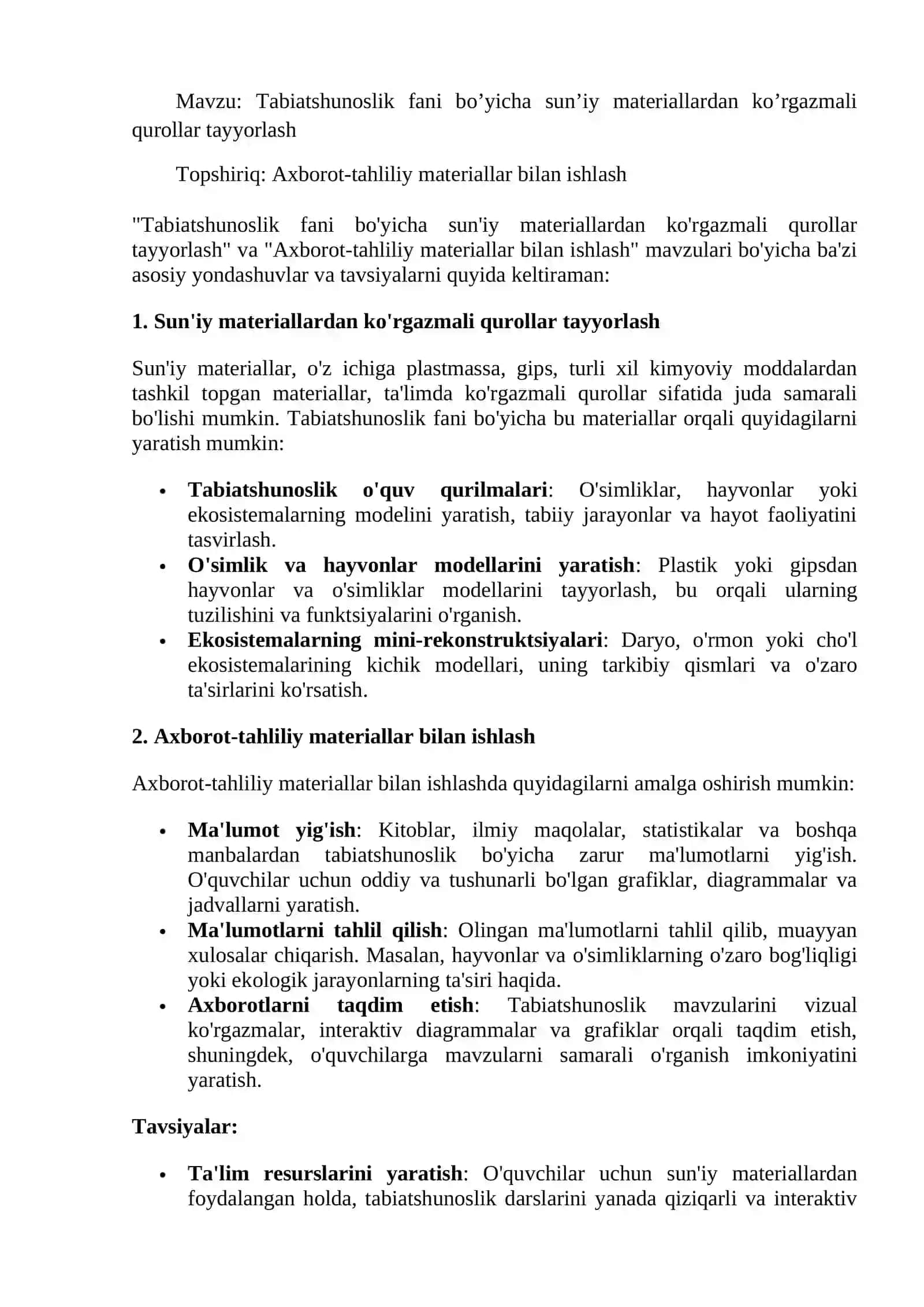 Tabiatshunoslik fani bo’yicha sun’iy materiallardan ko’rgazmali qurollar tayyorlash 2