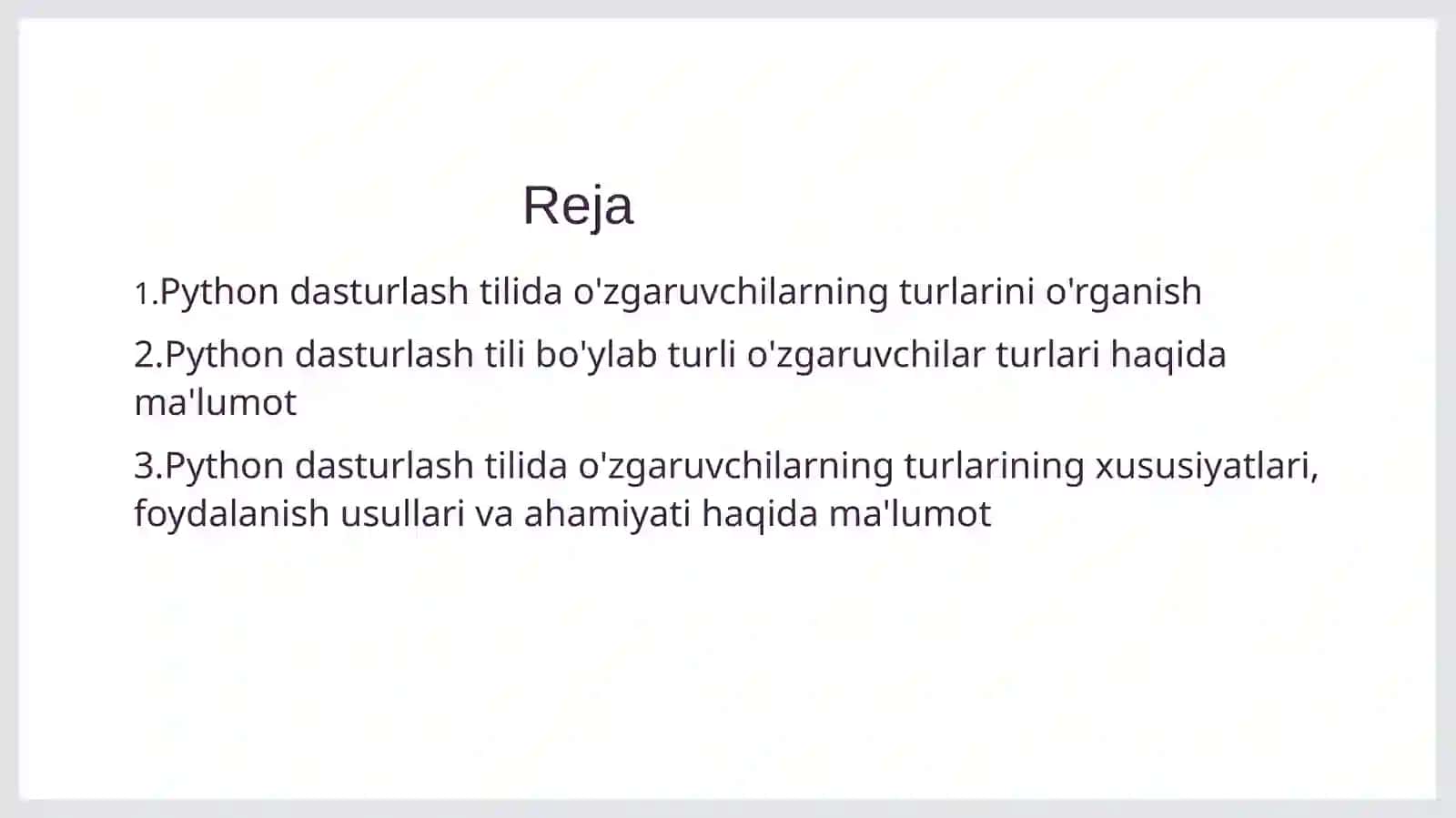 Python dasturlash tilida o'zgaruvchilarning turlari 2