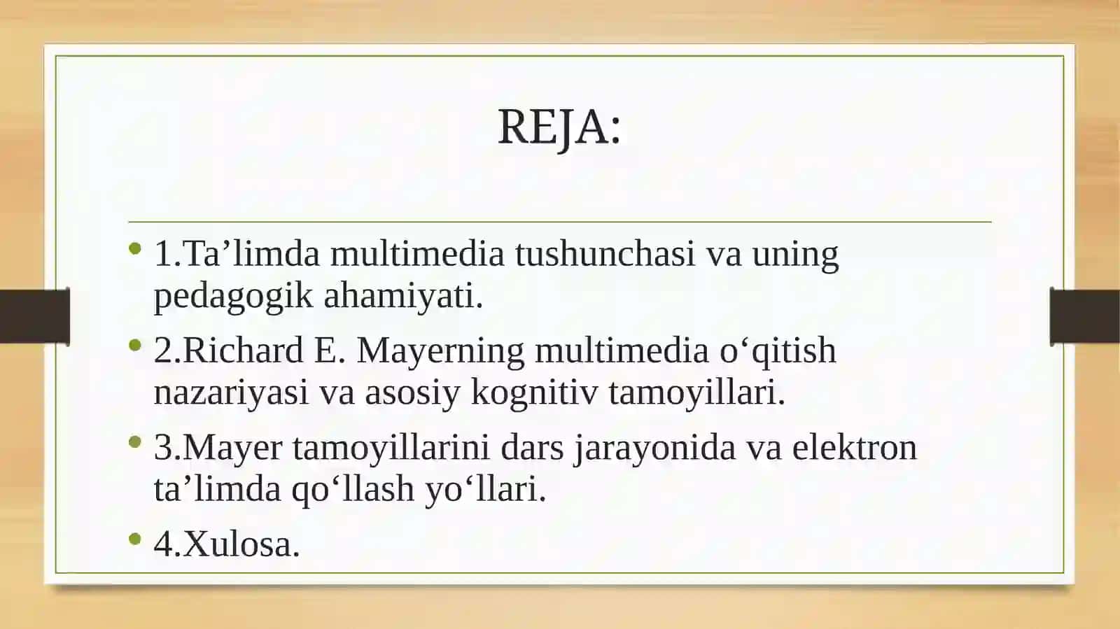 Ta`limda multimedia: R Mayerning kognitiv tamoyillari va ularni qo`llash 2