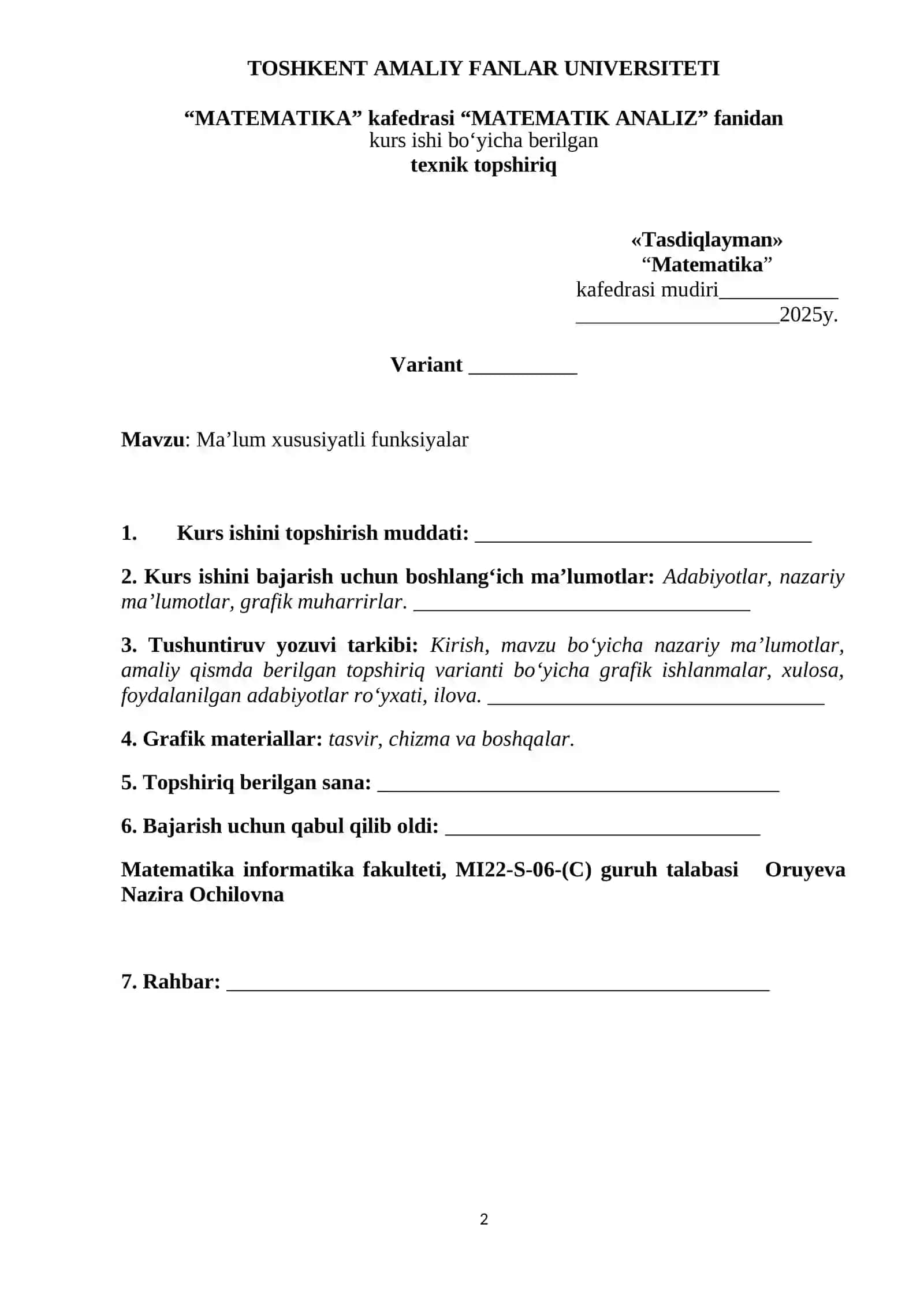 MA’LUM XUSUSIYATLI FUNKSIYALAR 2