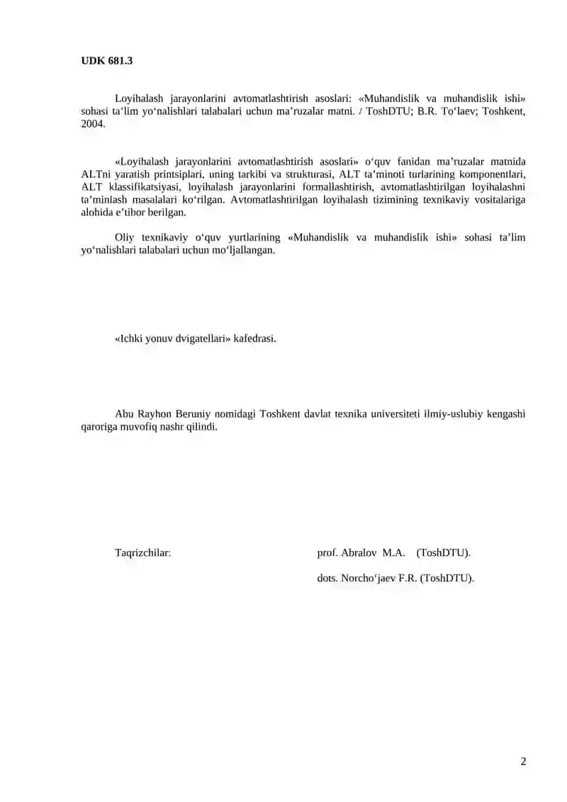 Loyihalash jarayonlarini avtomatlashtirish asoslari 2