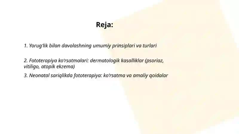Yorugʻlik bilan davolash koʻrsatma va moneyliklarni aniqlash va bemorlarni parvarish qilish 2