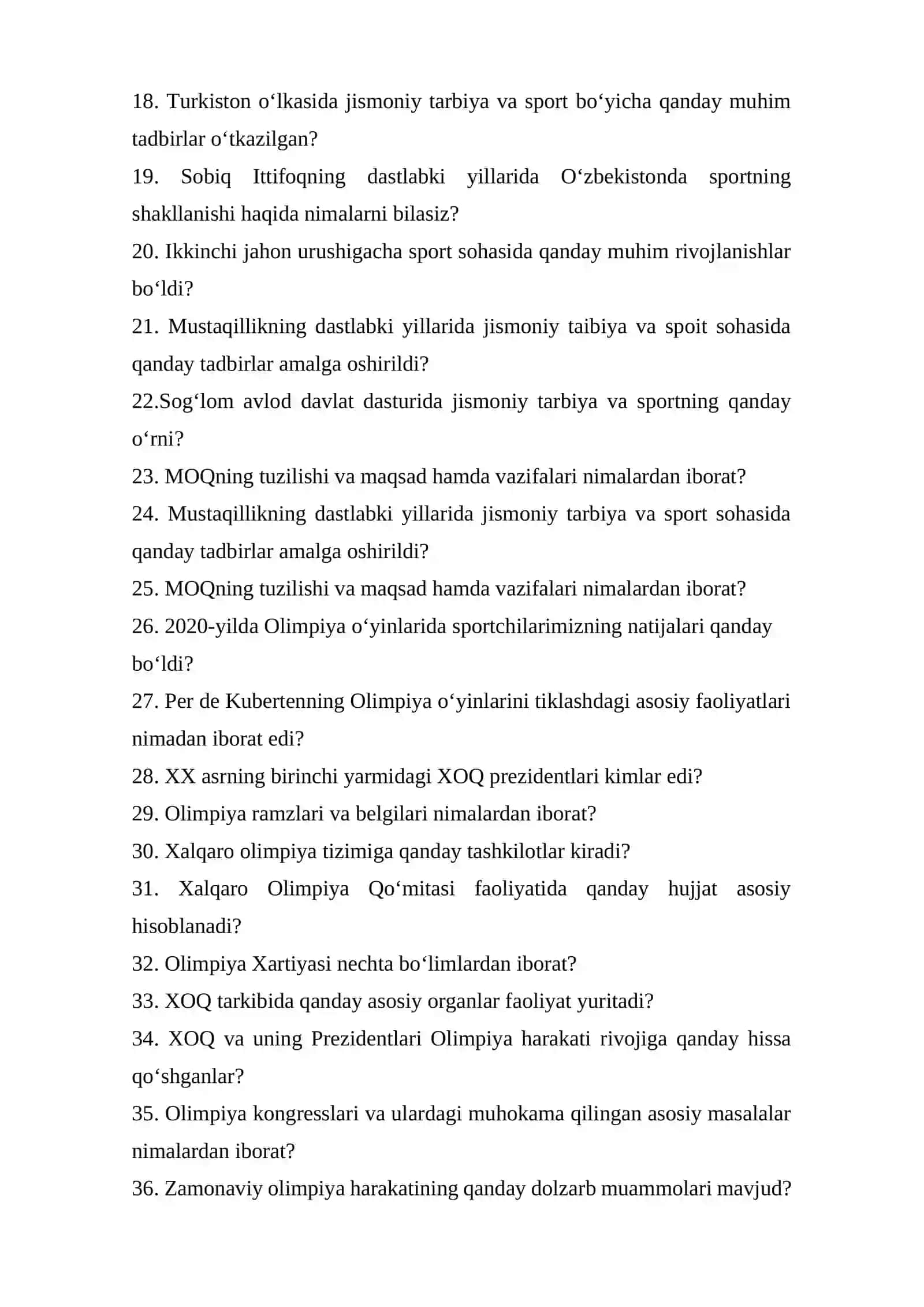 Jismoniy tarbiya va olimpiya harakati tarixi fanidan savollar 2