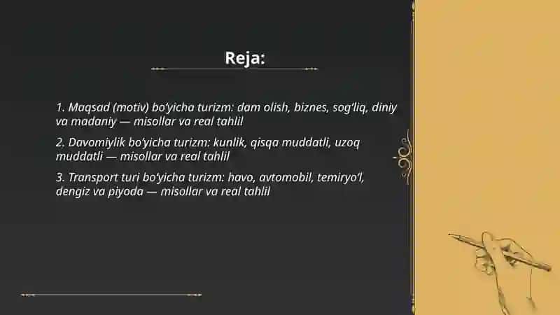 Turizm sohasining tasniflanishi va turlari 2