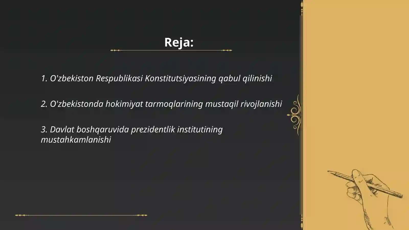 Oʻzbekistonning eng yangi tarixi fanidan tayyorlagan taqdimot ishi 2