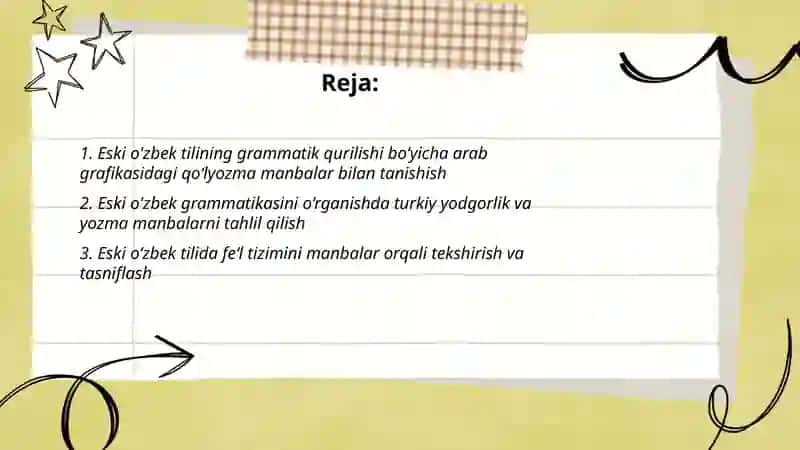 Eski o'zbek tilining grammatik qurilishiga doir manbalar bilan tanishish 2