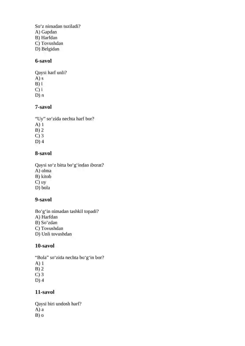 ONA TILI — 1-SINF TEST TO‘PLAMI 2