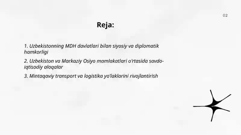 Uzbekiston M D H davlatlari va markaziy Osiyo mamlakatlari bilan hamkorlik aloqalari 2