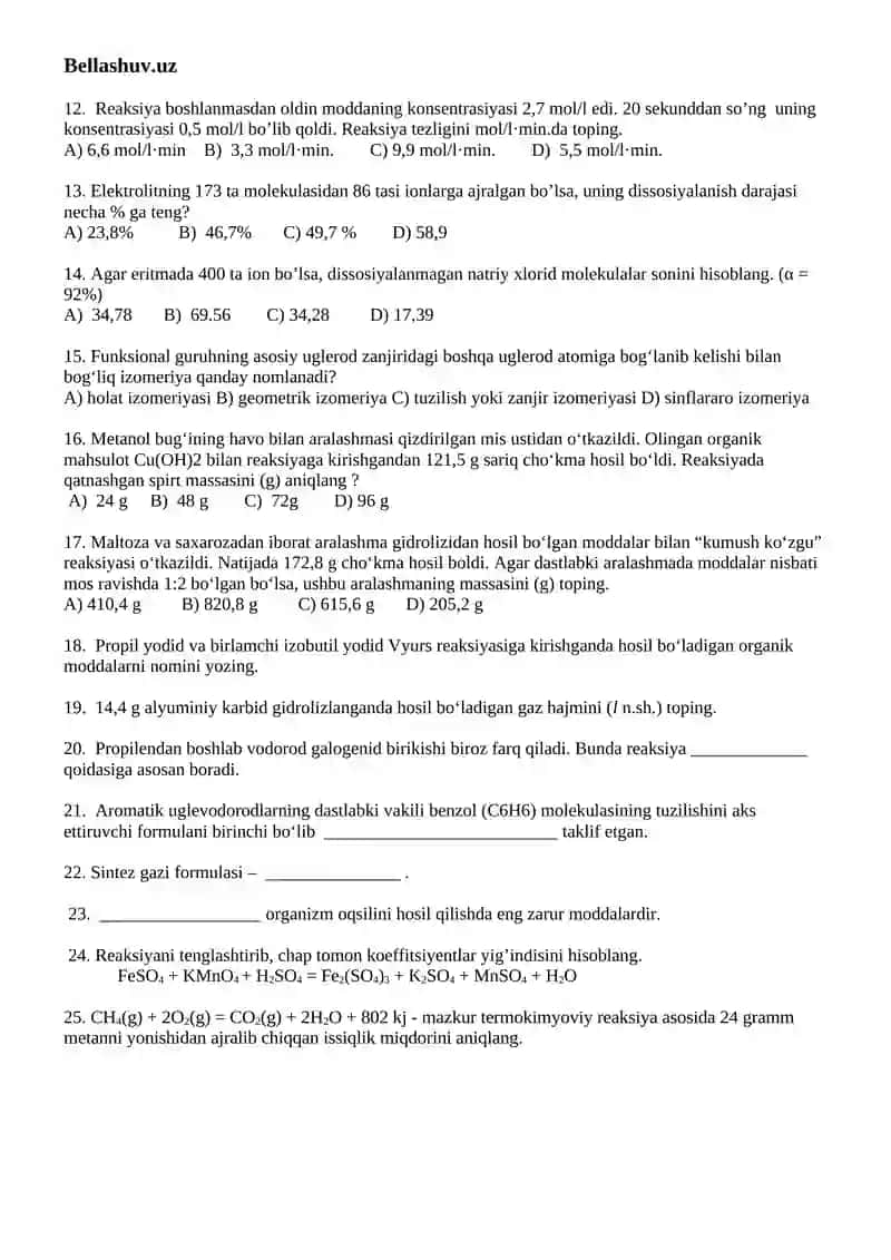 10-sinf Kimyo TEST 2